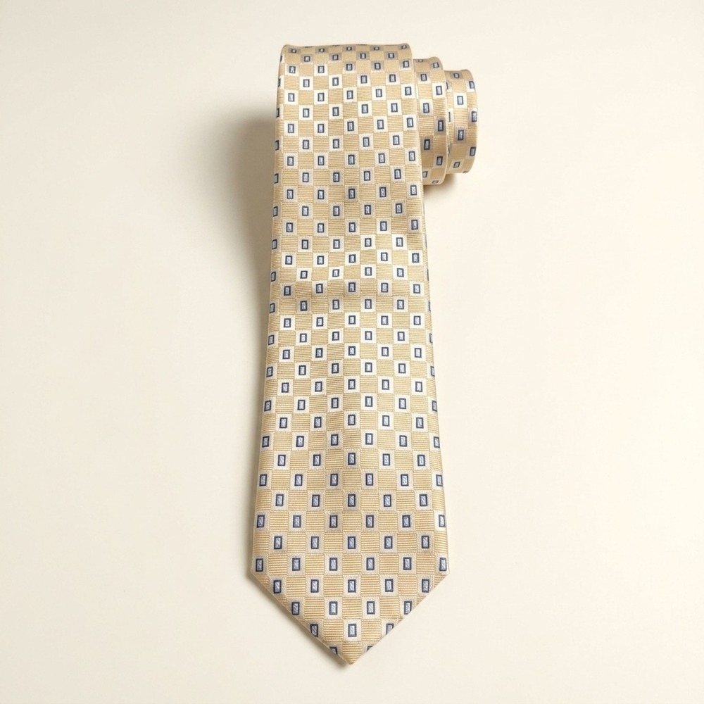 HENRY JACOBSON Mens Necktie OS Yellow Blue 100% Silk Geometric Professional